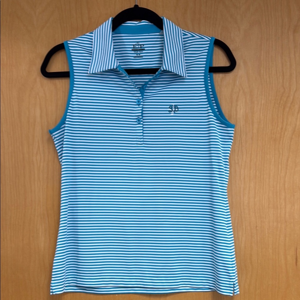 Turquoise and White Striped Sleeveless Golf Top